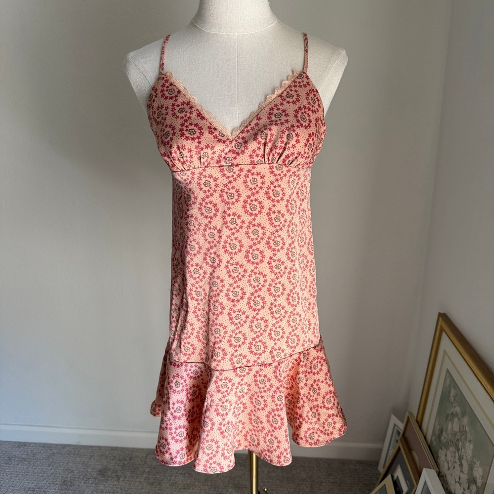 Urban Outfitters‎ Mini Slip Dress Floral Ruffle Hem Spaghetti Strap Pink Small